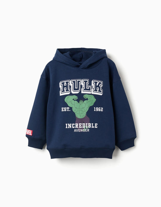 Hooded Brushed Sweatshirt With Hulk Print For Boys, Navy Blue