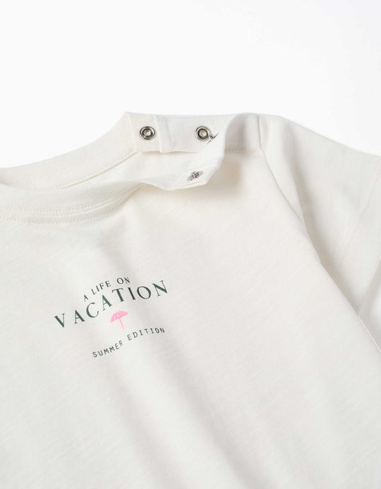 Cotton T-Shirt With Vacation Print For Baby Boys, Light Beige