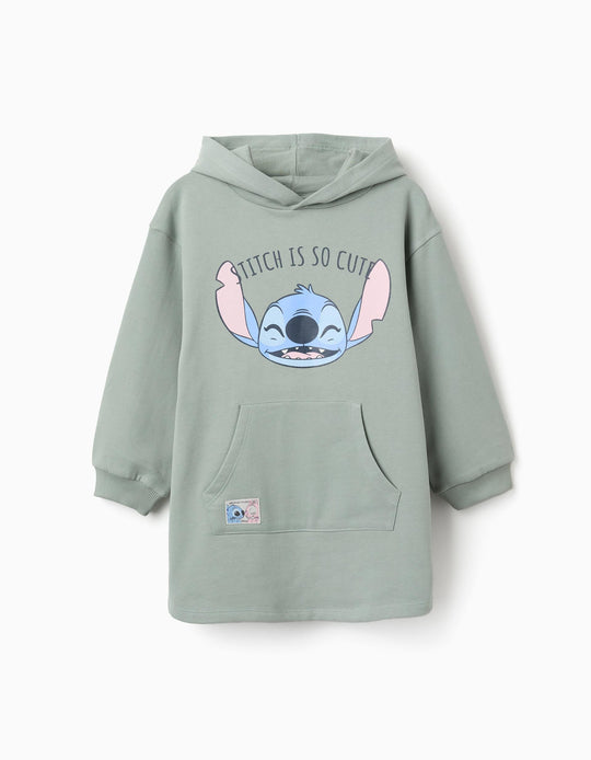 Brushed Hooded Dress With Stitch Print For Girls, Light Green