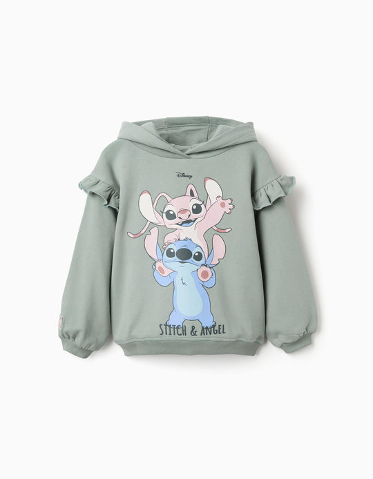 Brushed Hooded Sweatshirt With Stitch & Angel For Girls, Dark Green