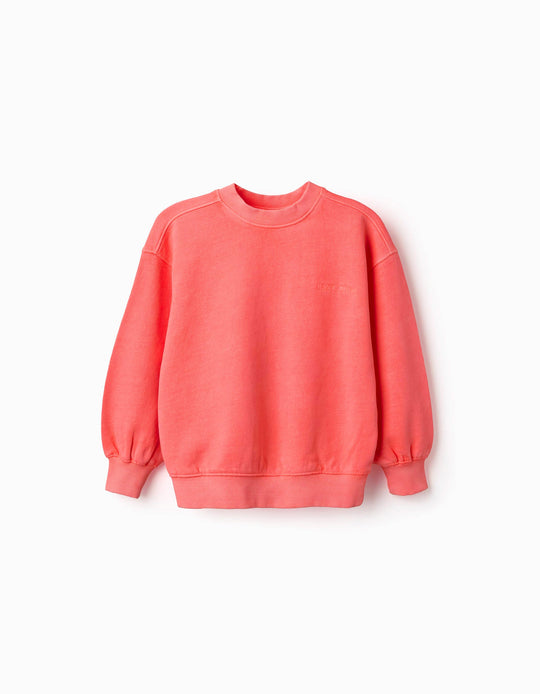 Cotton Sweatshirt With Dropped Shoulders For Girls, Neon Coral