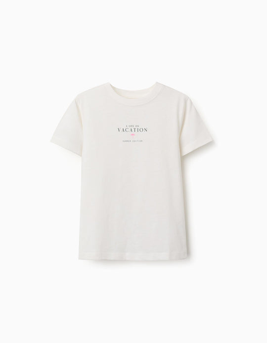 Cotton T-Shirt With Vacation Print For Boys, Light Beige