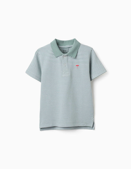 Striped Cotton Polo Shirt With Print For Boys, Light Green/White