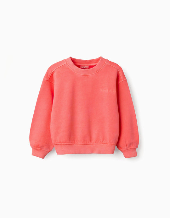 Cotton Sweatshirt With Dropped Shoulders For Baby Girls, Neon Coral