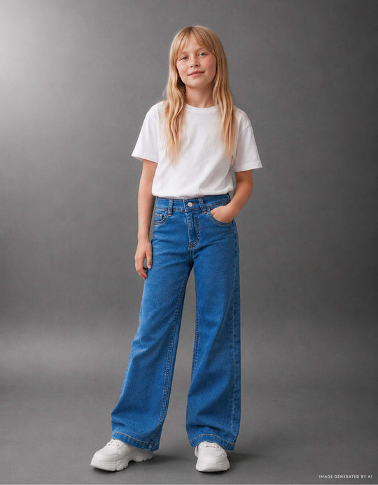 Flared Jeans With Adjustable Waist And Pockets For Girls, Blue