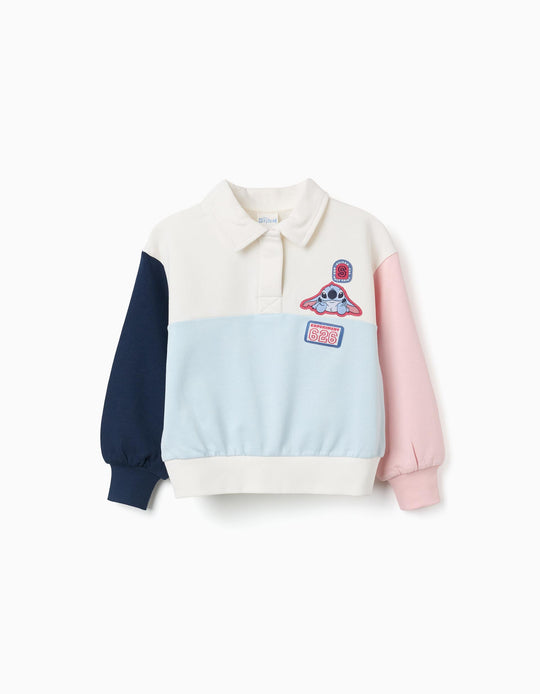 Cotton Sweatshirt With Stitch Prints For Girls, White/Blue/Pink
