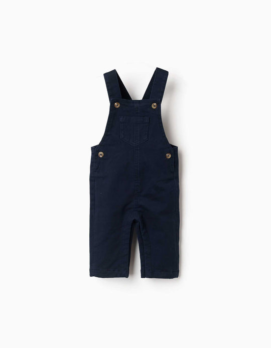 Twill Dungarees With Front Pocket For Newborn Boys, Navy Blue