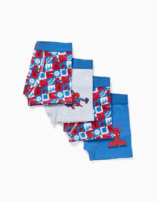 Pack Of 4 Cotton Boxer Shorts With Spider-man Prints For Boys, Blue/grey