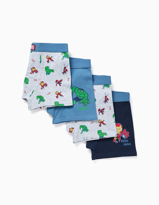 Pack Of 4 Cotton Boxer Shorts With Marvel Prints For Boys, Blue/grey