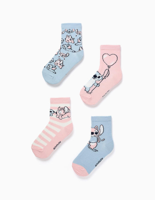 Pack Of 4 Pairs Of Socks With Stitch Prints For Girls, Pink/blue