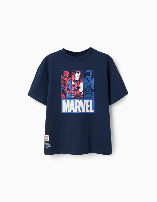 Cotton T-Shirt With Marvel Prints For Boys, Navy Blue