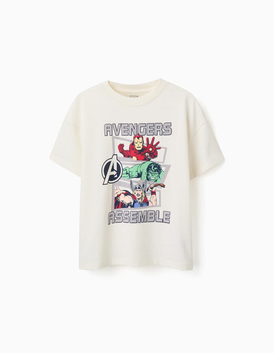 Cotton T-Shirt With Avengers Front Print For Boys, White