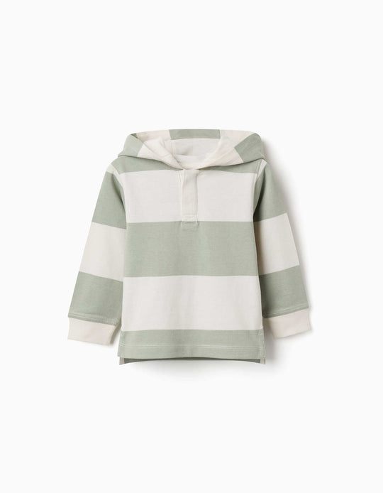 Hooded Cotton Sweatshirt With Stripes For Baby Boys, Light Beige/Green