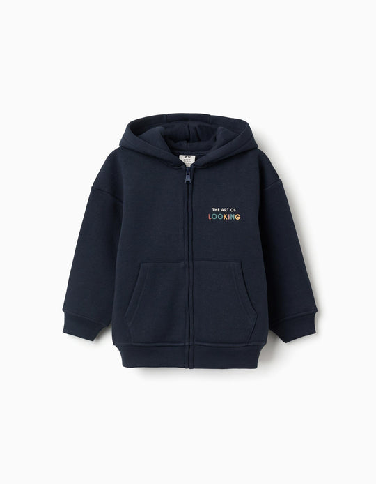 Brushed Hooded Jacket With Art Of Looking Print For Boys, Navy Blue