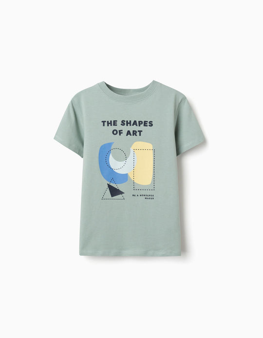 Cotton T-Shirt With Shapes Print For Boys, Light Green