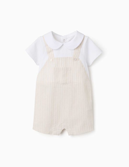 Striped Romper In Cotton And Linen For Newborn Boys, White/Light Beige