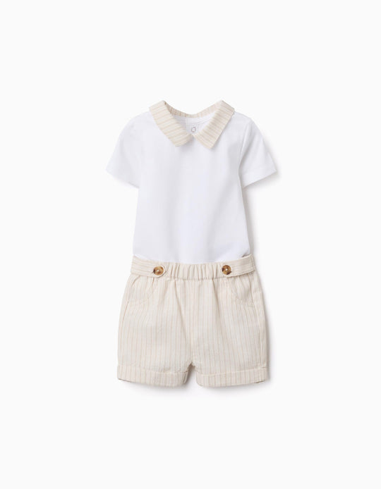 Cotton Bodysuit + Striped Shorts Set For Newborn Boys, White/Beige