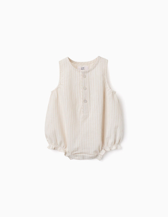 Cotton And Linen Romper With Stripes For Newborns, Beige/White