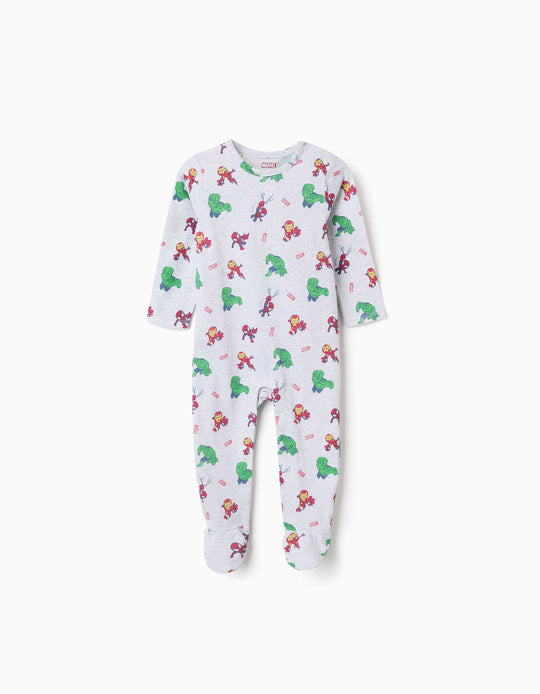 Cotton Sleepsuit With Marvel Prints For Newborn And Baby Boys, Light Grey