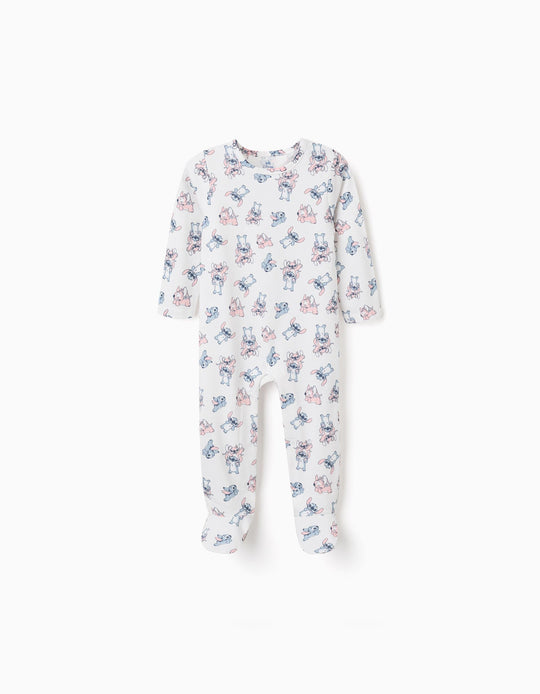 Cotton Sleepsuit With Stitch Motif For Newborn And Baby Girls, White