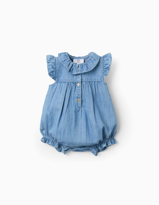 Sleeveless Denim Romper With Ruffles For Newborn Girls, Blue