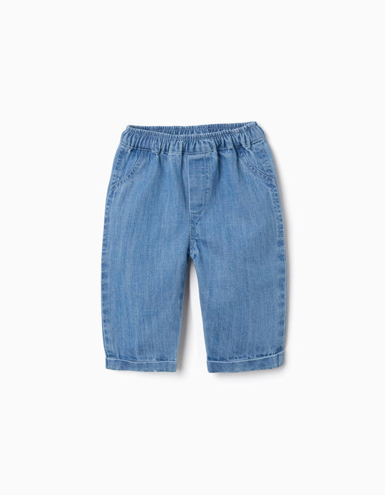 Cotton Denim Trousers With Elastic Waistband For Newborns, Blue