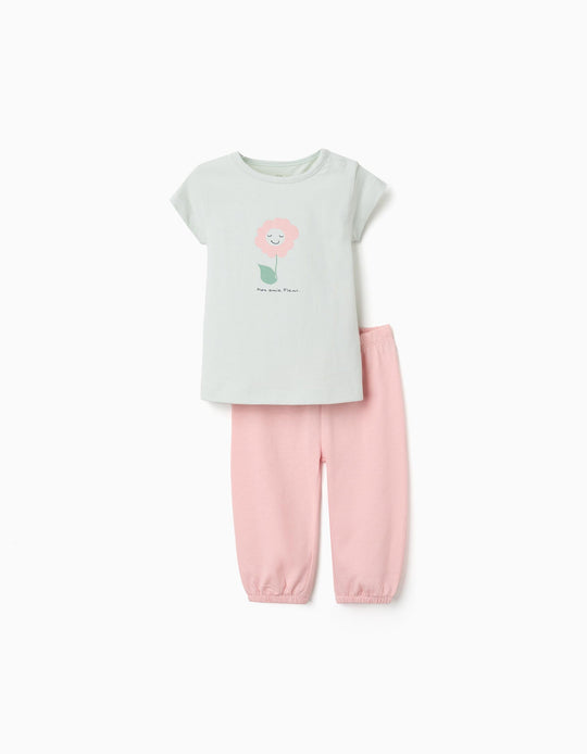 Cotton Pyjamas With Flower Print For Baby Girls, Light Green/pink