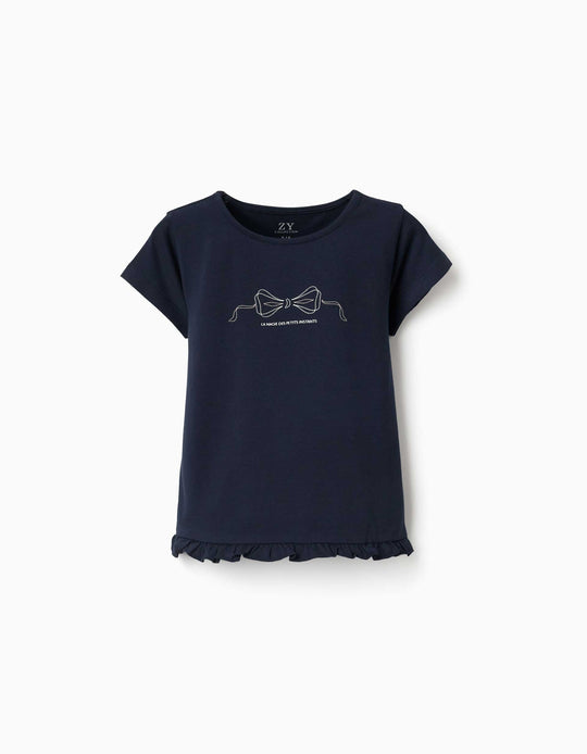 Cotton T Shirt With Print And Ruffled Hem For Girls, Navy Blue