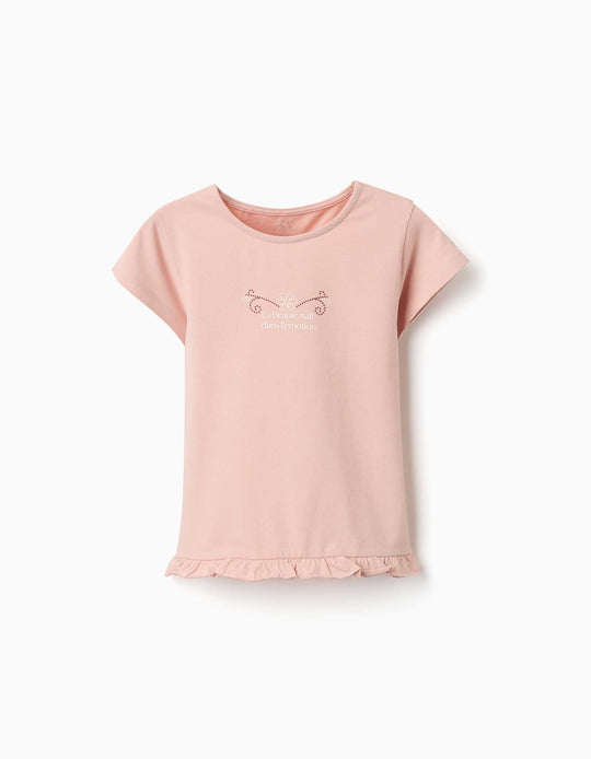 Cotton T Shirt With Print And Ruffled Hem For Girls, Light Pink