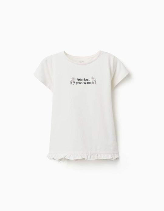 Cotton T Shirt With Print And Ruffled Hem For Girls, White