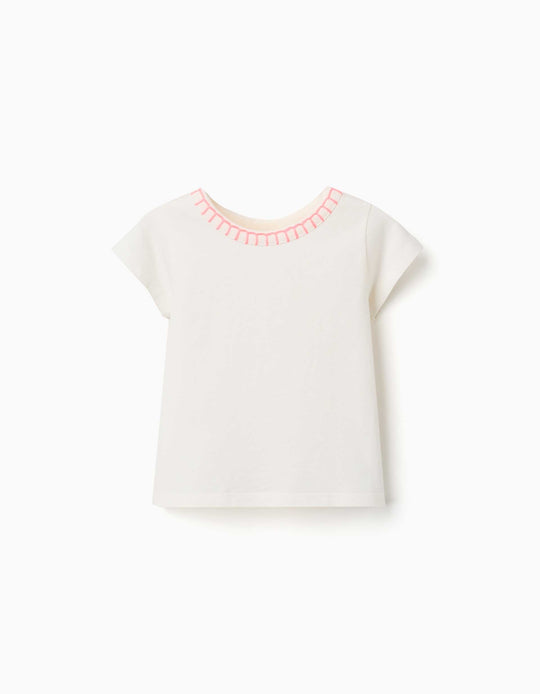 Cotton T-shirt With Embroidered Collar For Baby Girls, Light Beige/pink
