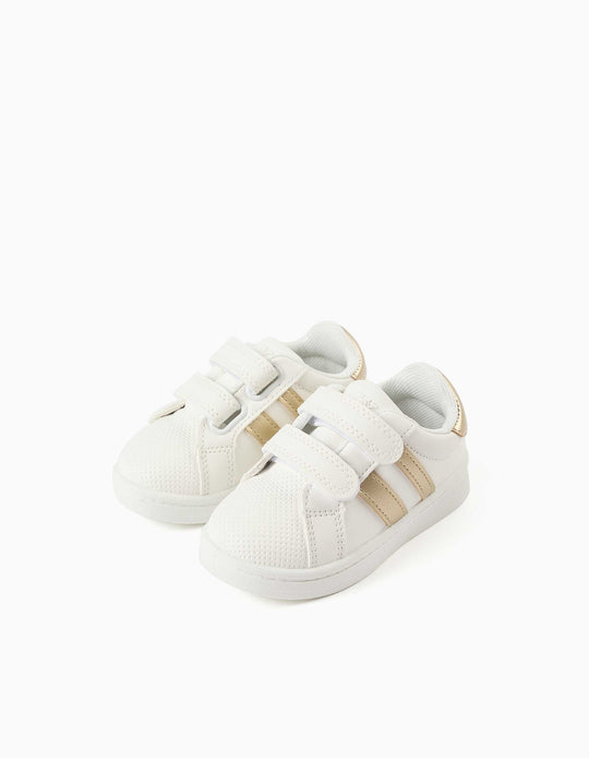 Striped Trainers With Touch-Fasteners For Baby Girls, White/Golden