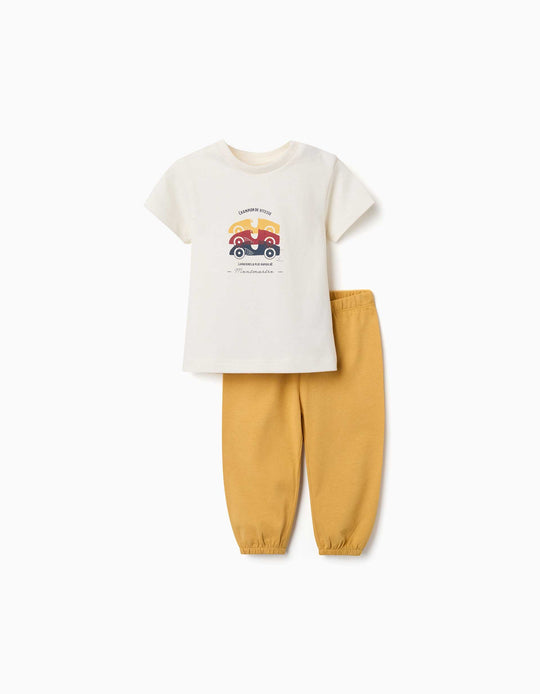 Short Sleeve Pyjamas With Racing Car Print For Baby Boys, White/Yellow