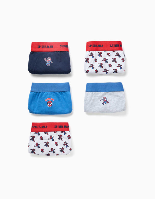 Pack 5 Cotton Briefs With Spider Man Prints For Boys, Blue/White/Grey