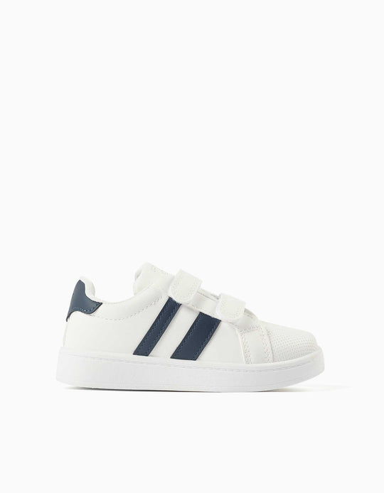 Striped Trainers With Touch-Fasteners For Children, White/Navy Blue