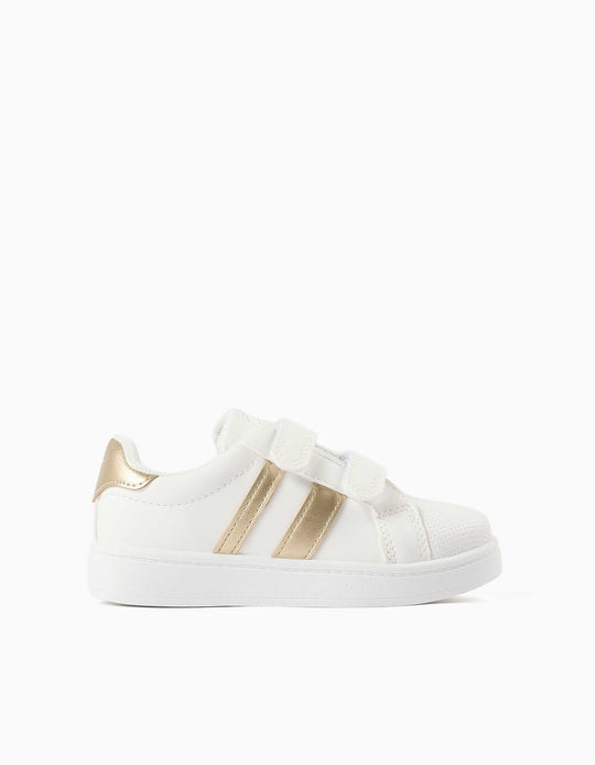 Striped Trainers With Touch-Fasteners For Girls, White/Golden