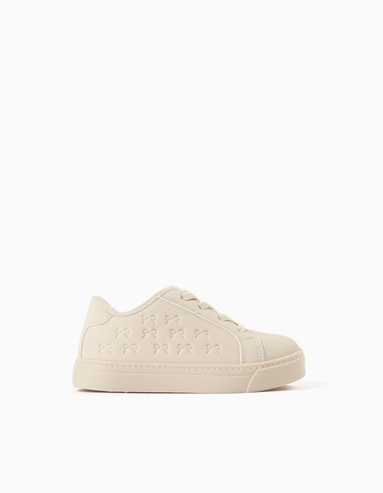 Trainers With Embossed Bows And Elastic Laces For Baby Girls, Beige