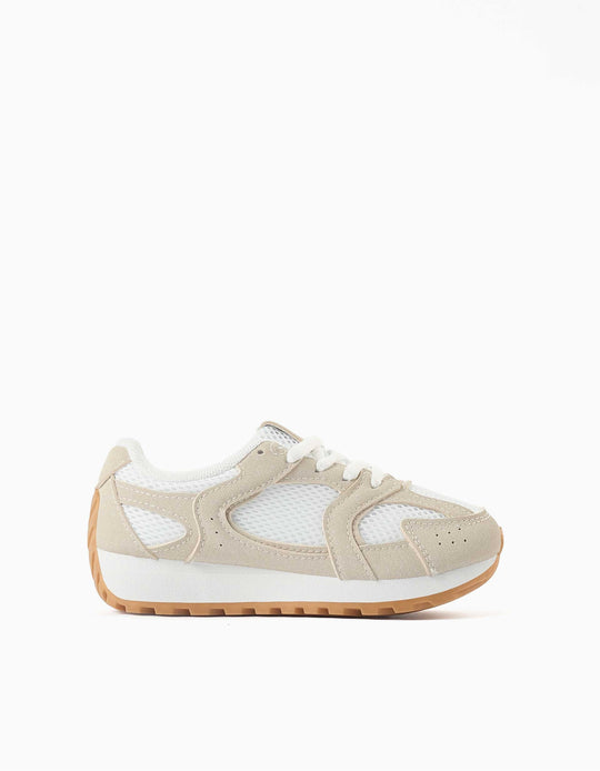 Trainers With Laces And Non-Slip Rubber Sole For Girls, Beige/White