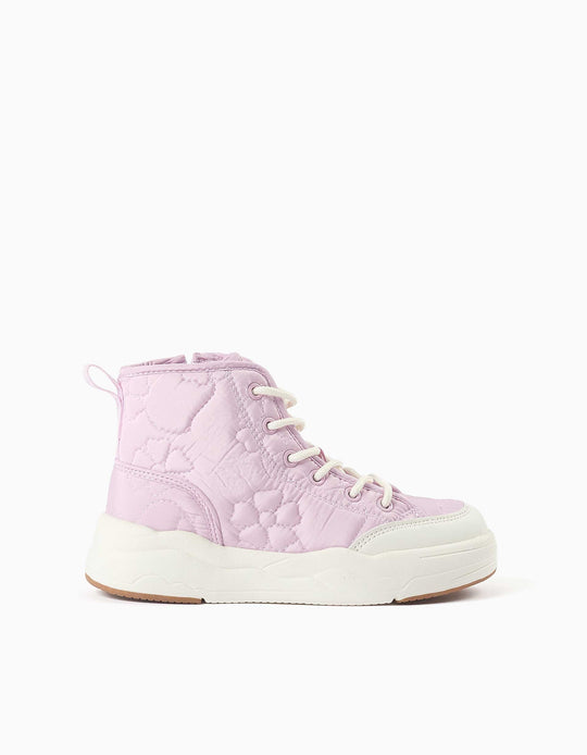 Padded High-Top Trainers With Floral Embroidery For Girls, Lilac