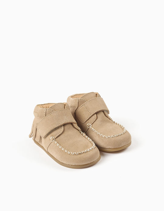 Barefoot Suede Fringe Boots With Touch-Fastener For Baby Girls, Beige