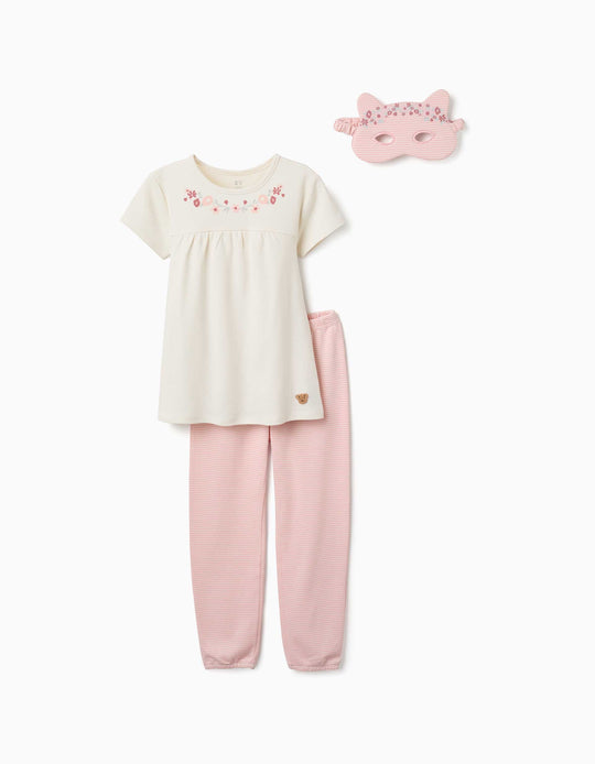 Short Sleeve Cotton Pyjamas With Mask For Girls, White/Pink