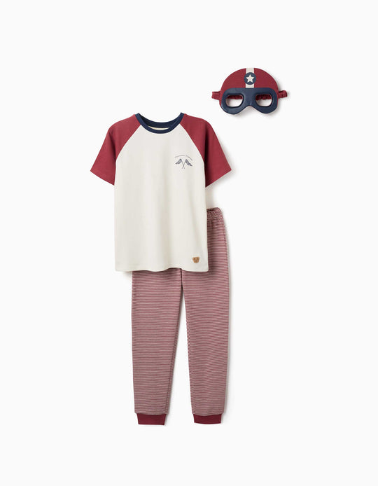 Short Sleeve Cotton Pyjamas With Padded Mask For Boys, White/Red