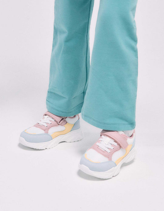 Dual-Fabric Trainers With Chunky Sole For Girls, White/Pink/Blue/Yellow
