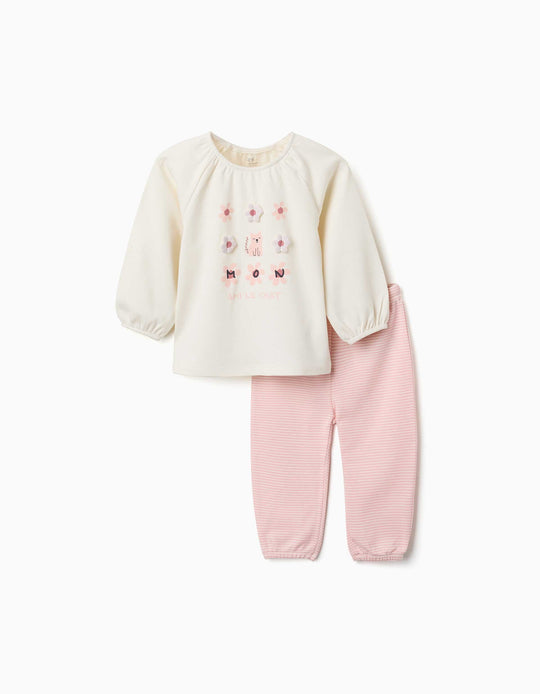 Long Sleeve Cotton Pyjamas With Flowers For Baby Girls, White/Pink
