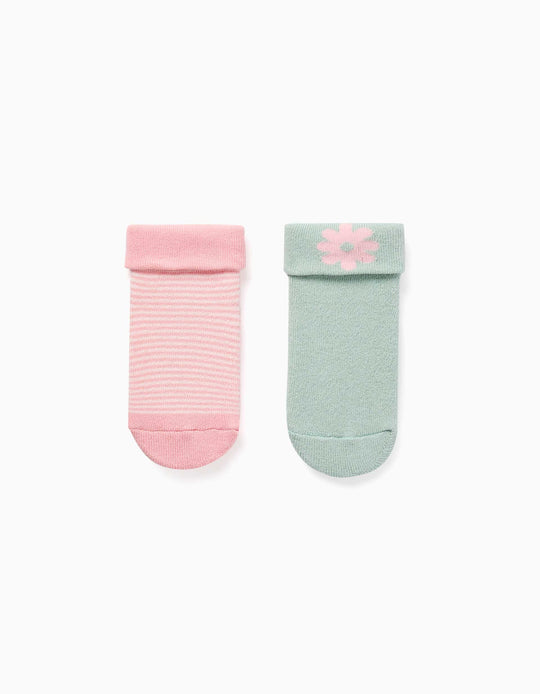 Pack Of 2 Non-Slip Terry Socks For Baby Girls, Light Green/Pink