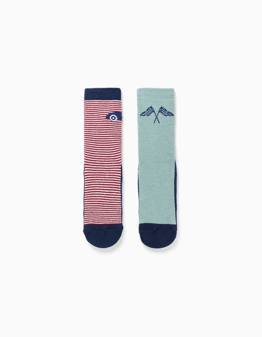 2 Non-Slip Socks With Terry Lining And Car Motif For Boys, Multicolour