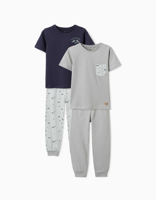 Pack 2 Short Sleeve Cotton Pyjamas With Car Prints For Boys, Green/Blue