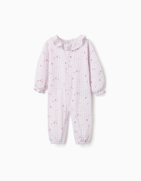 Cotton Gingham Sleepsuit For Newborn And Baby Girls, Lilac/White