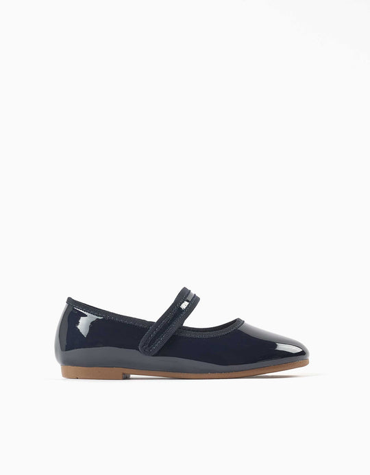 Patent Mary Jane Shoes With Touch-Fastener For Girls, Navy Blue