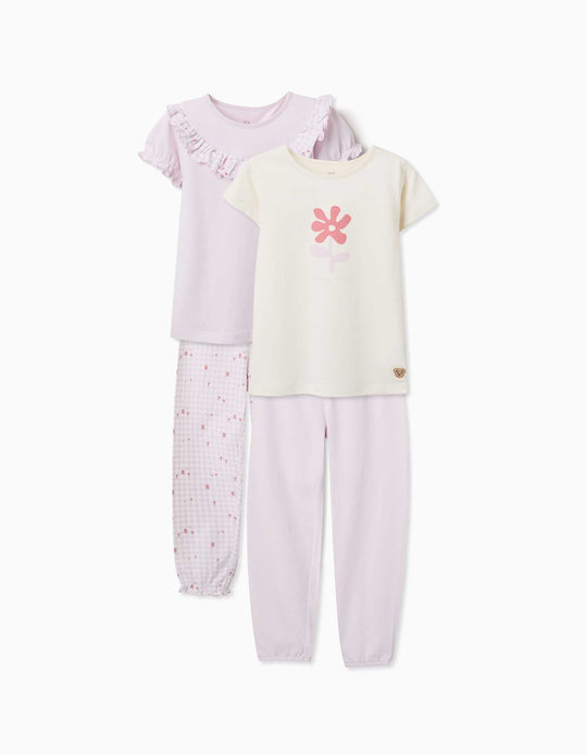 Pack Of 2 Short Cotton Pyjamas With Floral Prints For Girls, Lilac/White